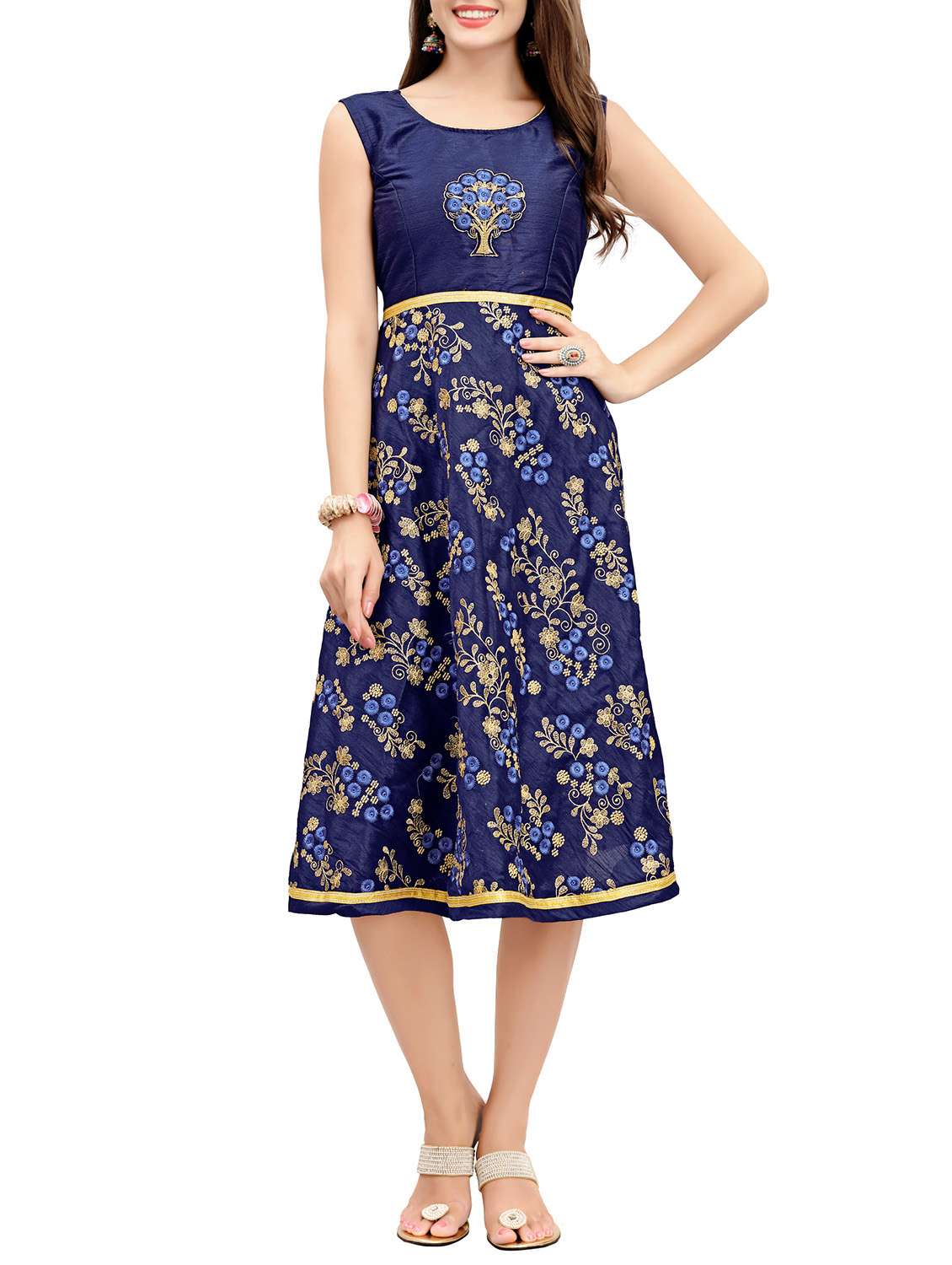 navy blue cotton blend a-line fusion dress