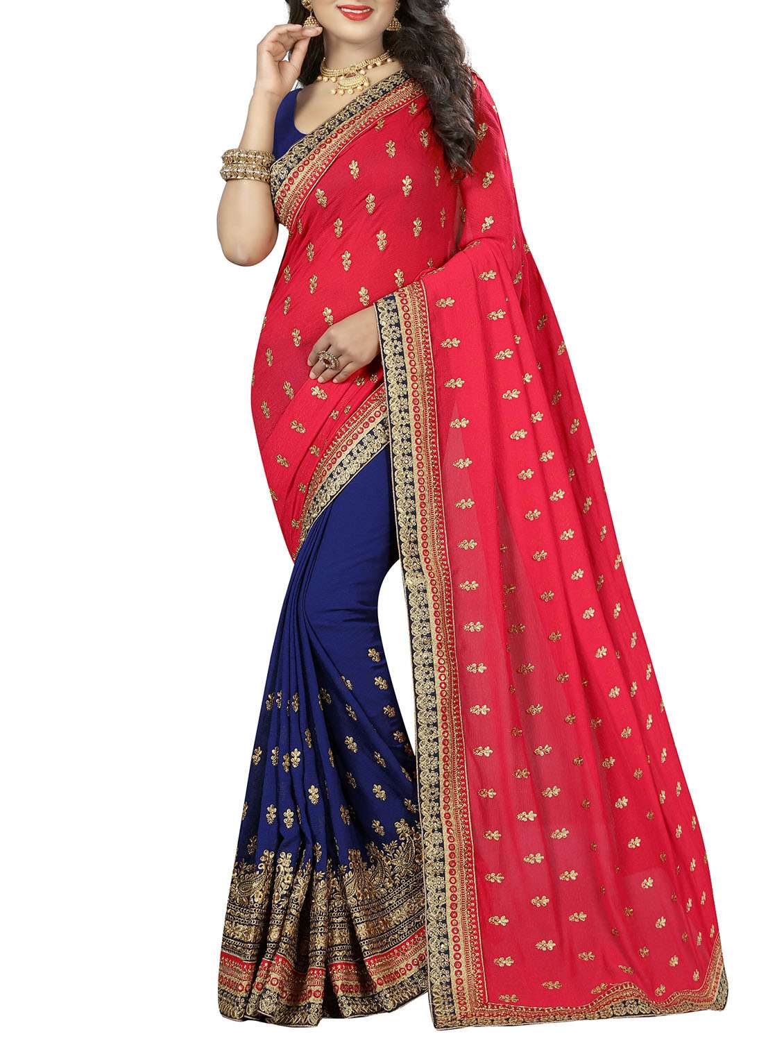 blue embroidered half & half saree with blouse