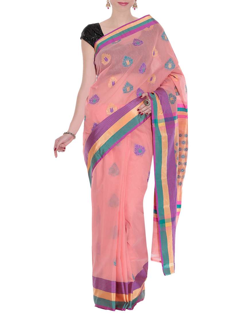 peach woven saree with blouse