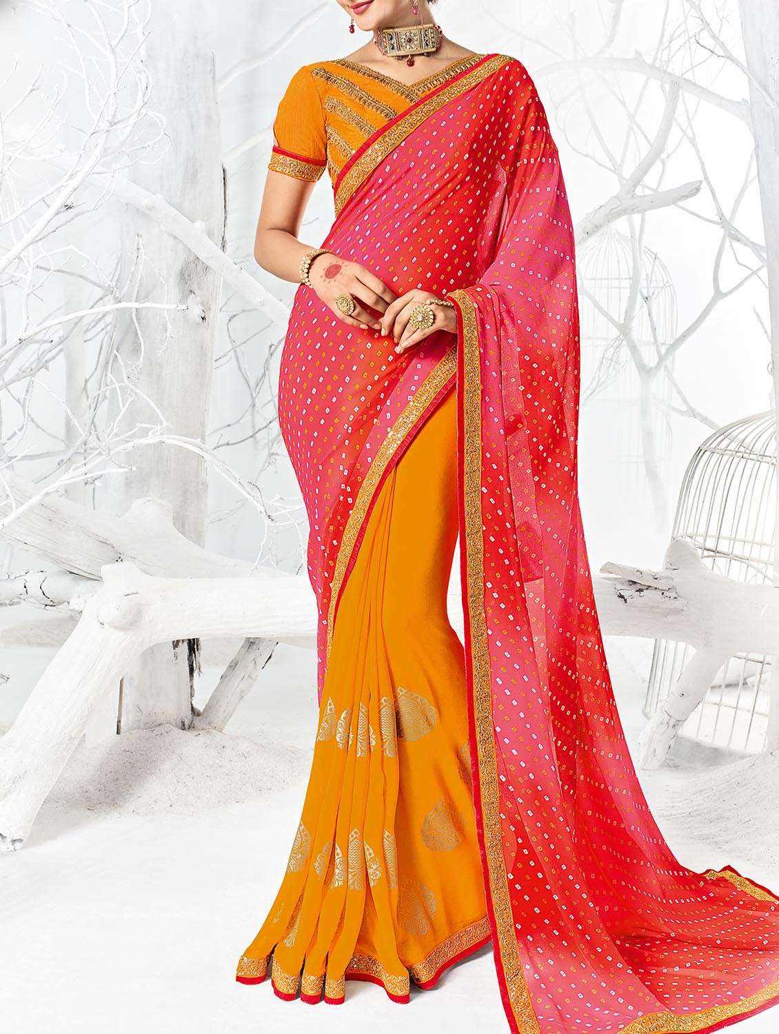 women's color block red colored saree