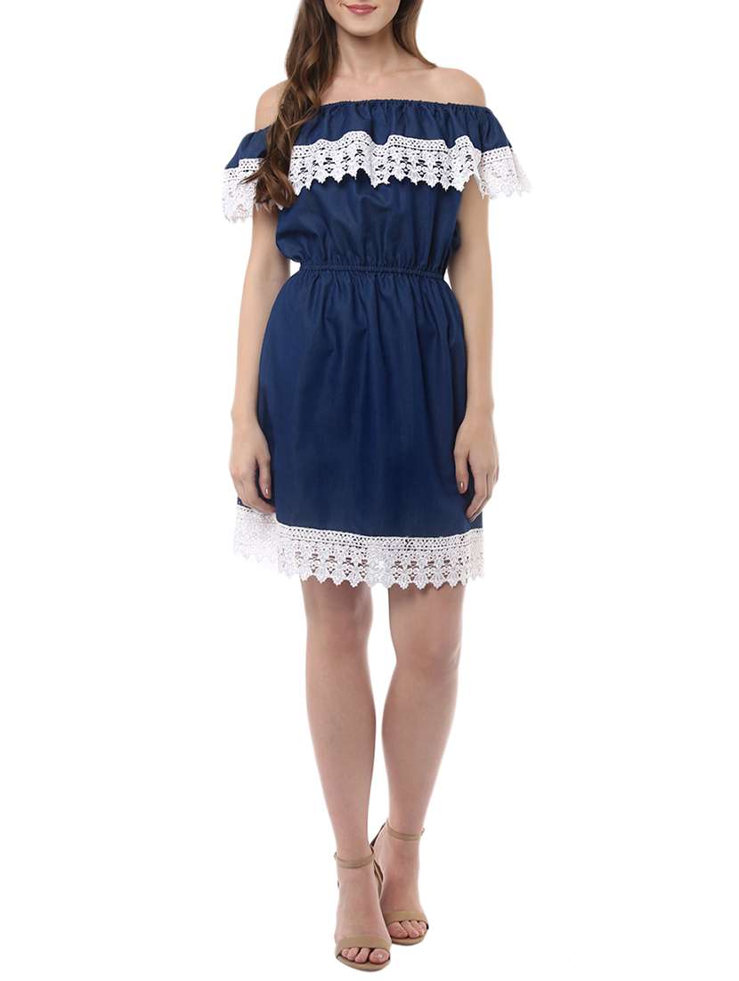 women solid lace detailed off shoulder dress