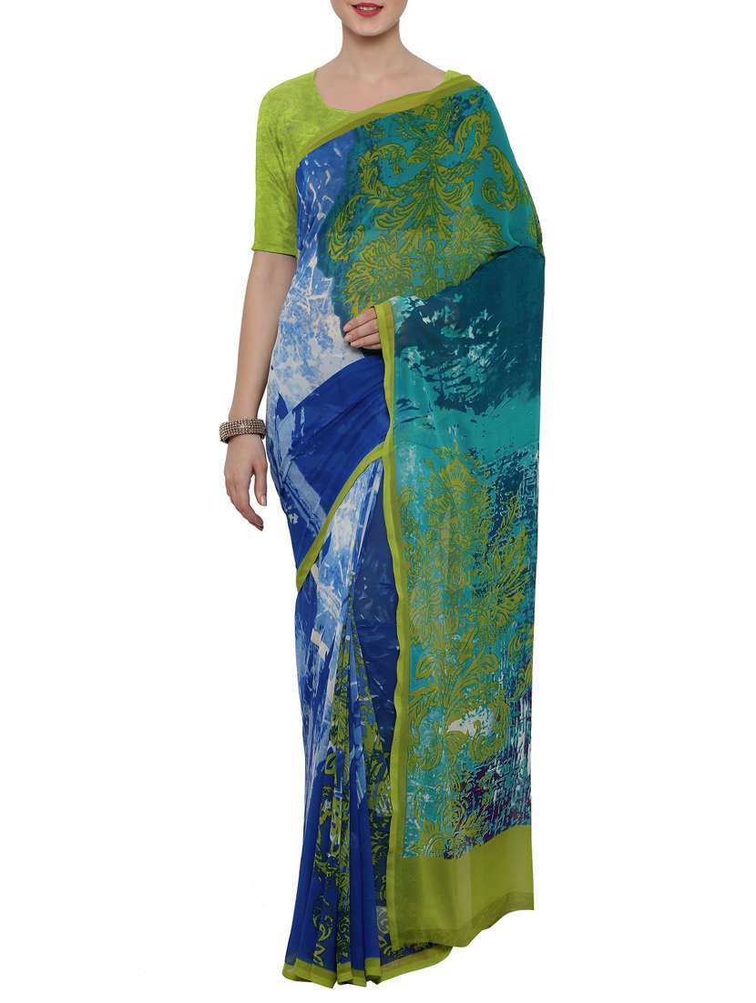 abstract printed blue saree with blouse