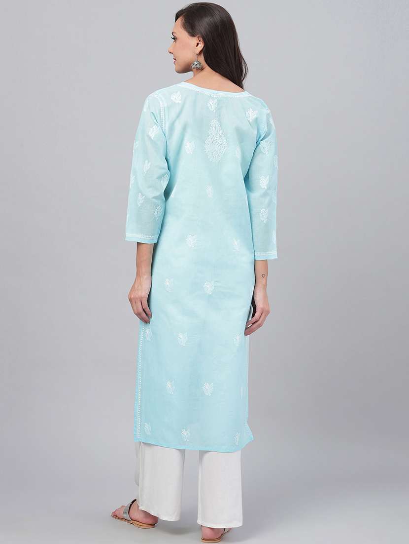 women chikankari blue cotton kurta - 14097799 -  Standard Image - 2