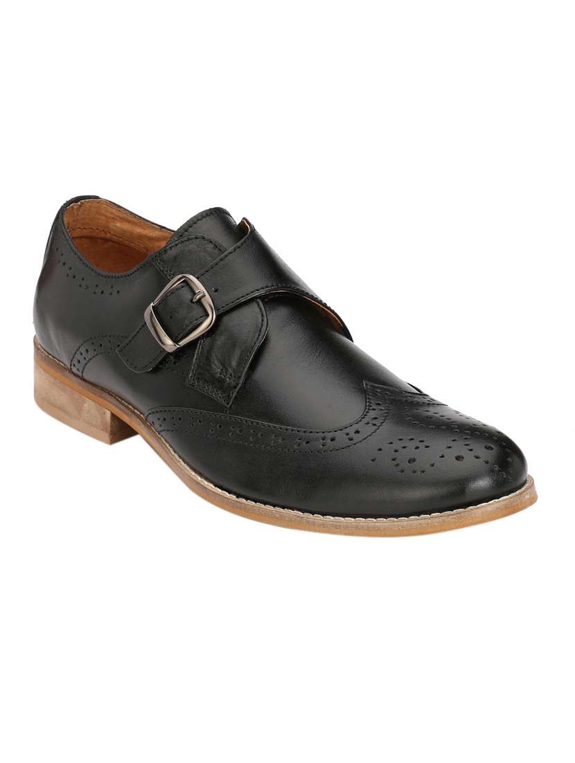 black leather slip on monk strap