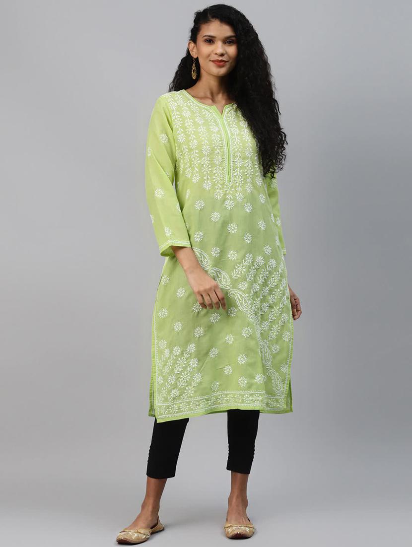 neo mint color ladies chikankari kurta - 14125604 - Zoom Image - 0