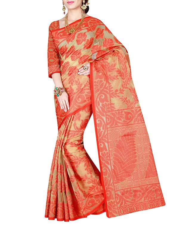 orange cotton blend saree with blouse