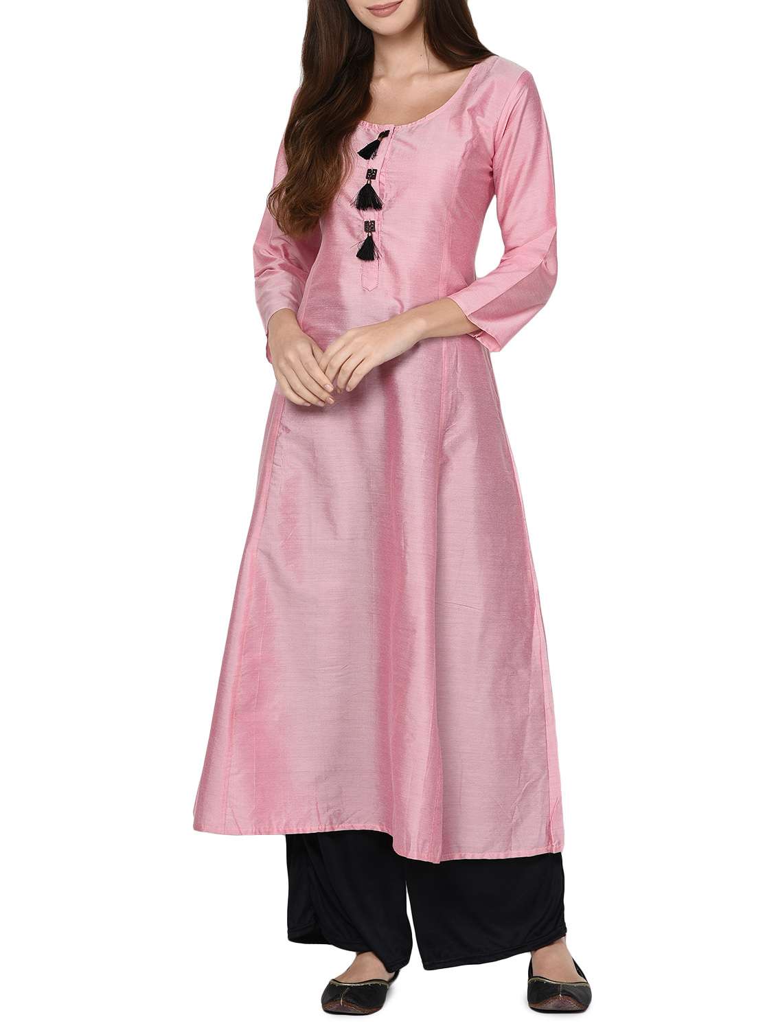 pink poly silk a-line solid kurta