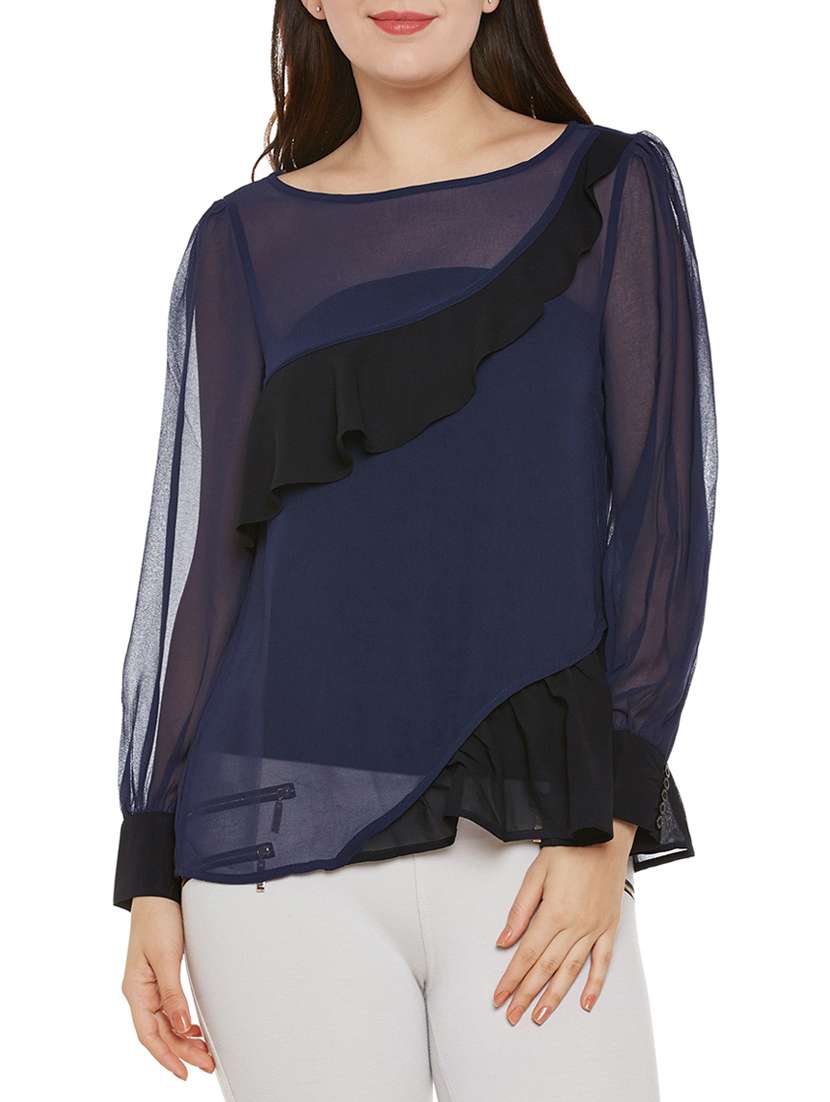 contrast ruffle trim sheer top - 14137756 - Zoom Image - 0