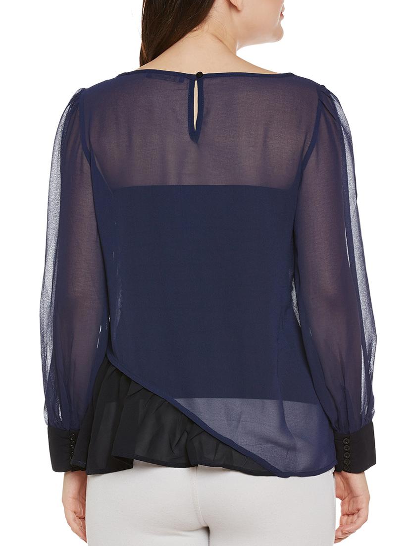 contrast ruffle trim sheer top - 14137756 - Standard Image - 2
