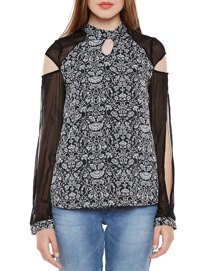 sheer paneled slit sleeved top - 14137785 - Zoom Image - 0