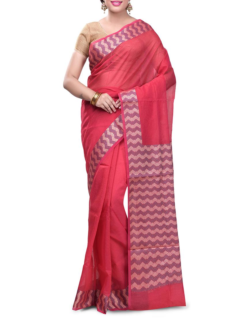red cotton blend woven saree with blouse