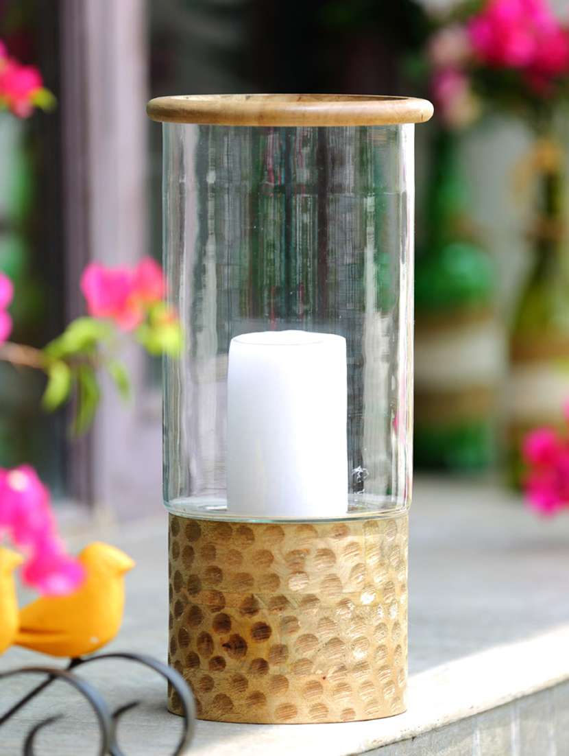 hurricane lantern with hammered wooden base