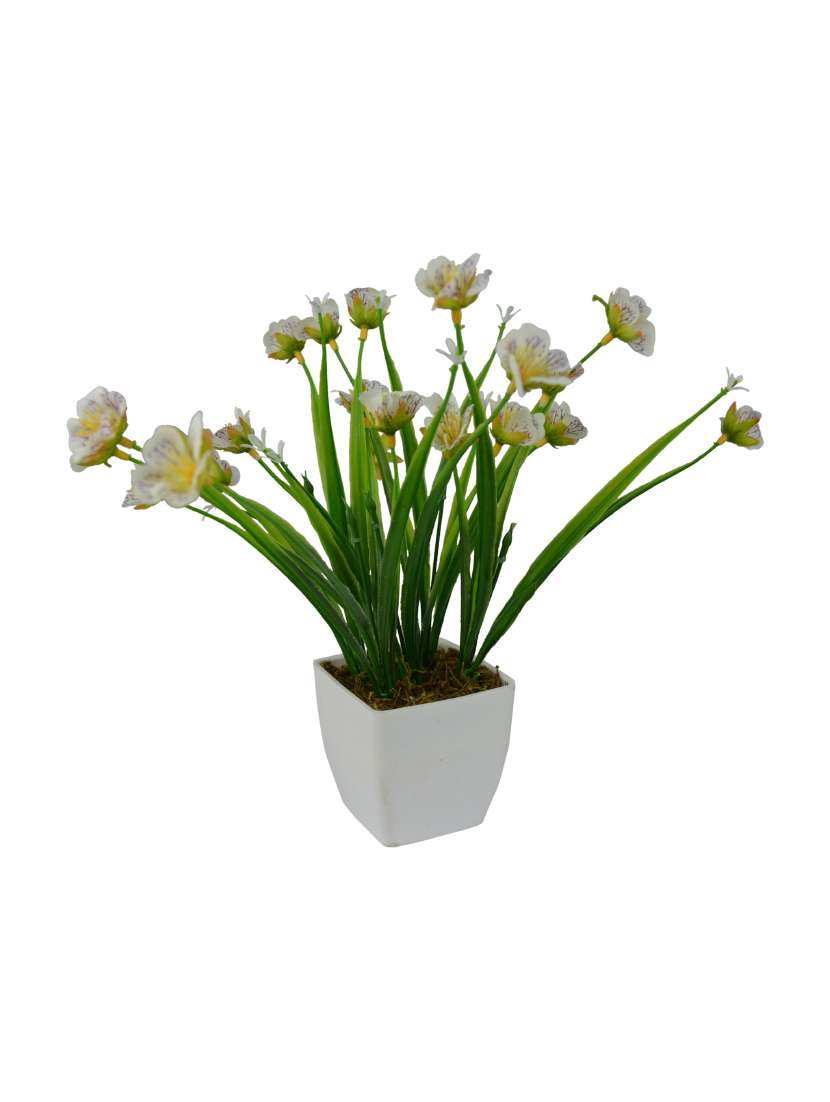 thefancymart artificial spring grass flowers in white square pot (28 cm/ 11 inchs)-1530