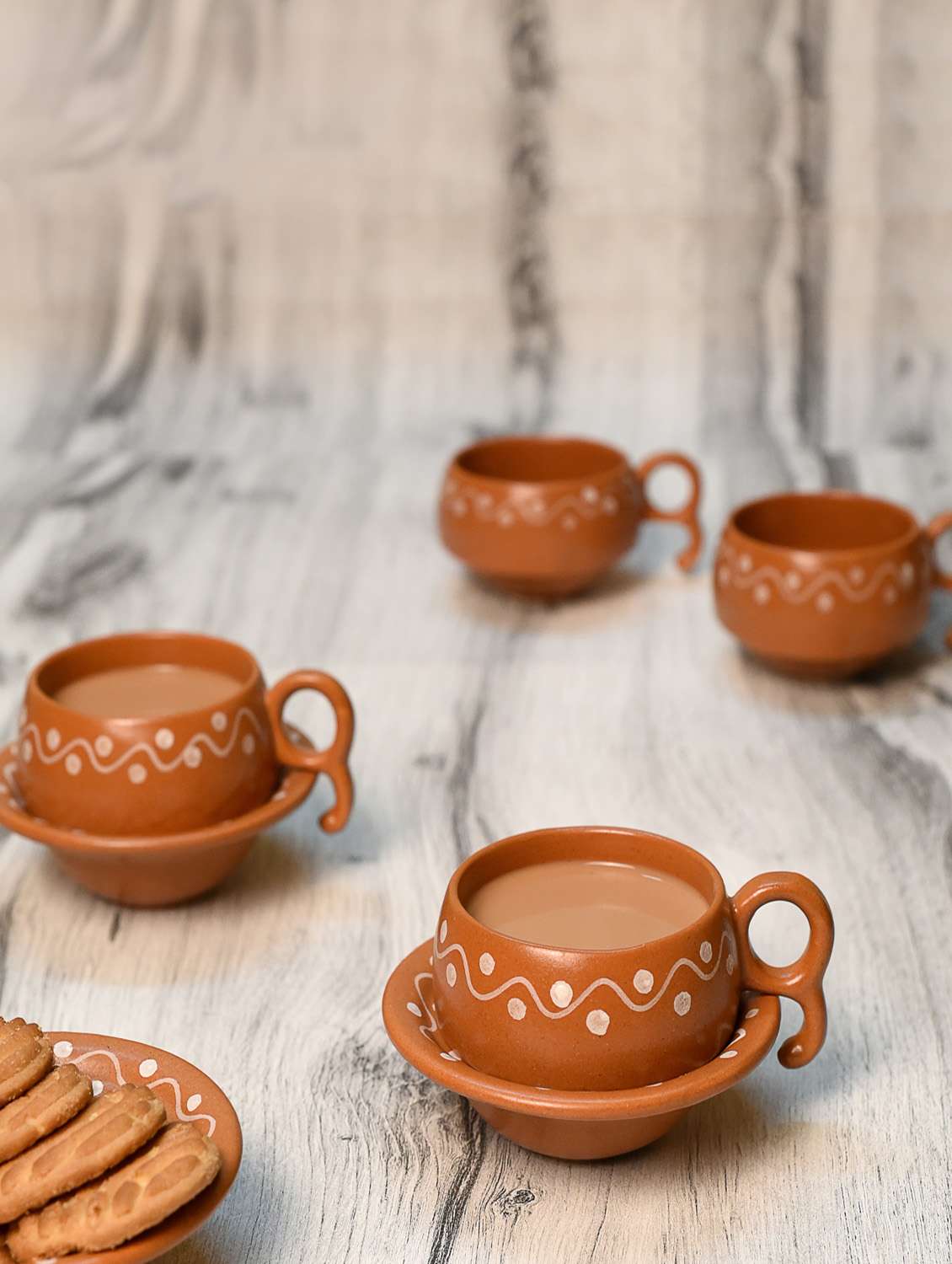 earthen print ceramic cup saucer set of 6