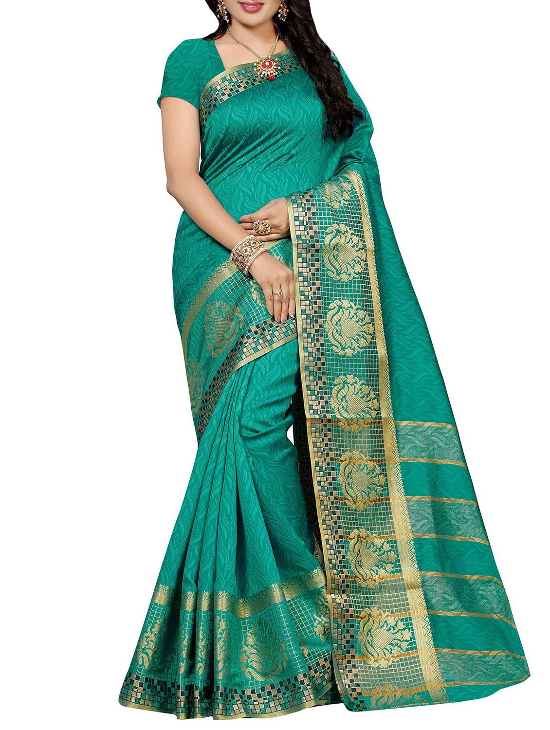 green cotton silk woven saree with blouse
