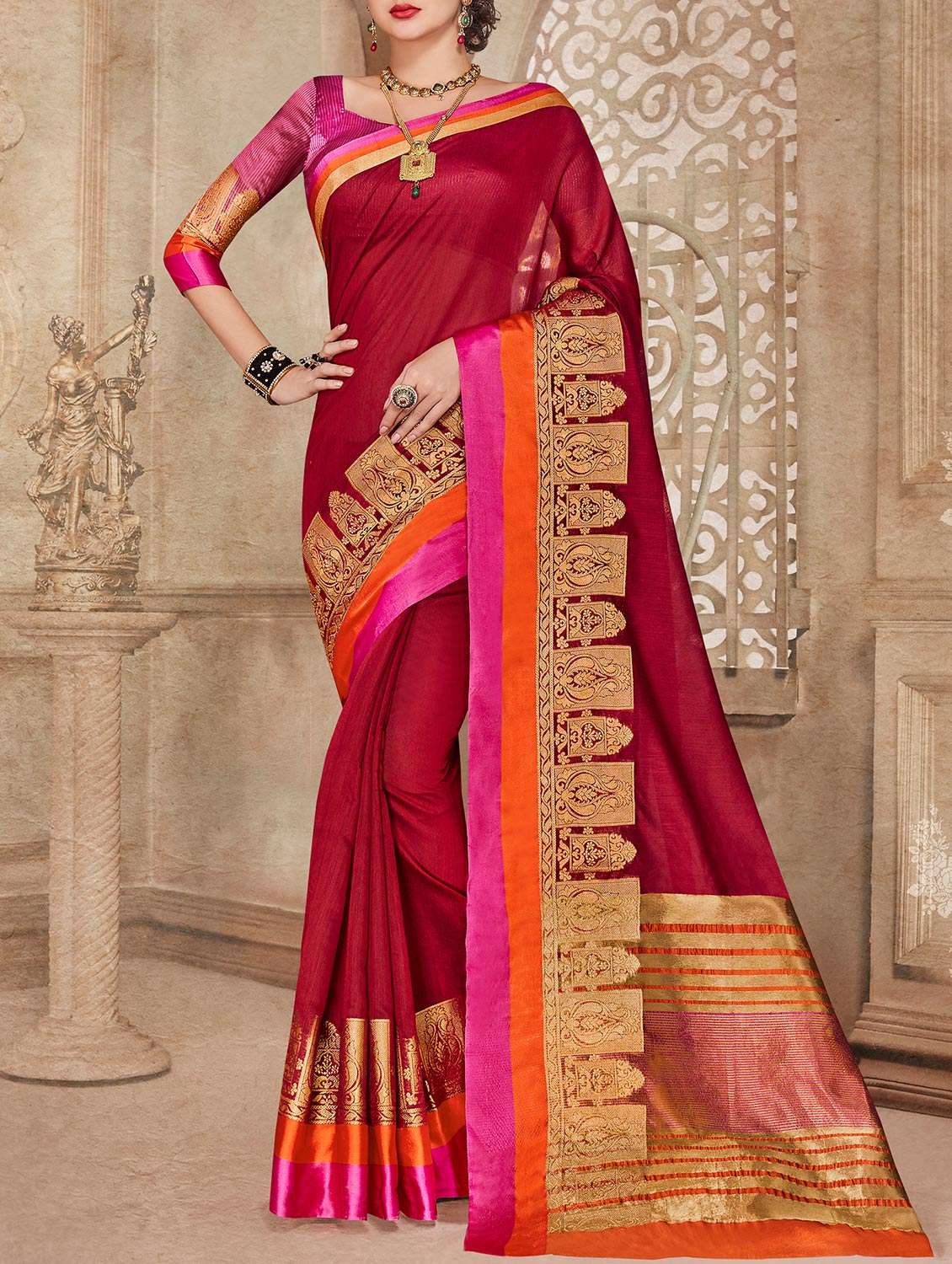 red cotton silk saree with blouse