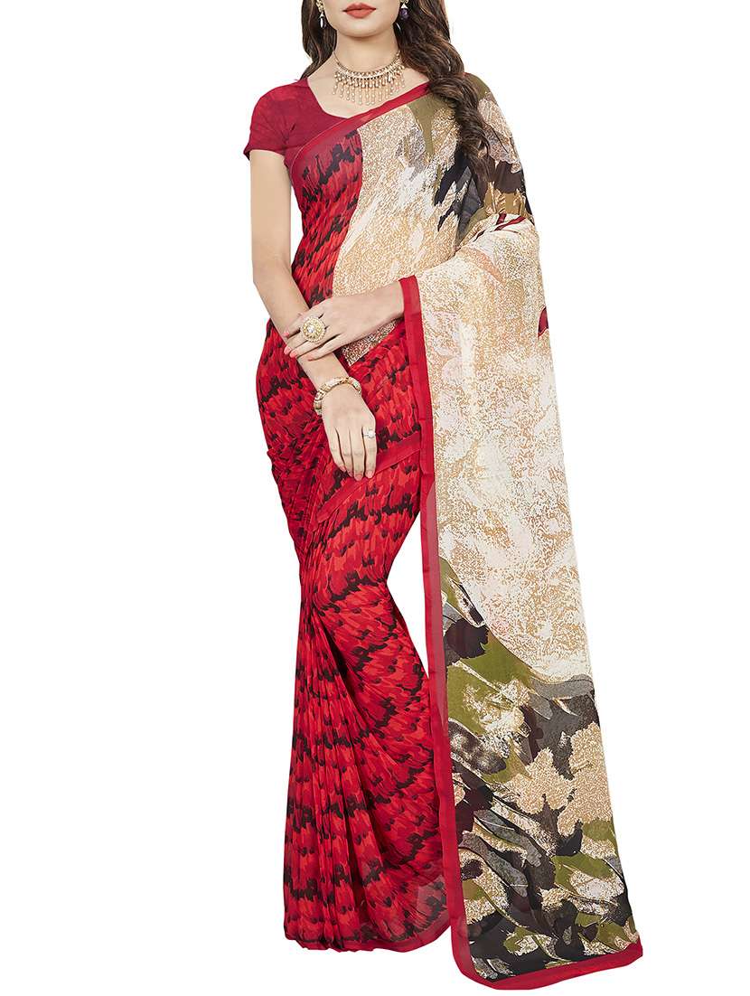 multi colored georgette printed saree with blouse