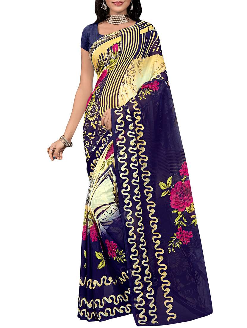 multi colored georgette printed saree with blouse