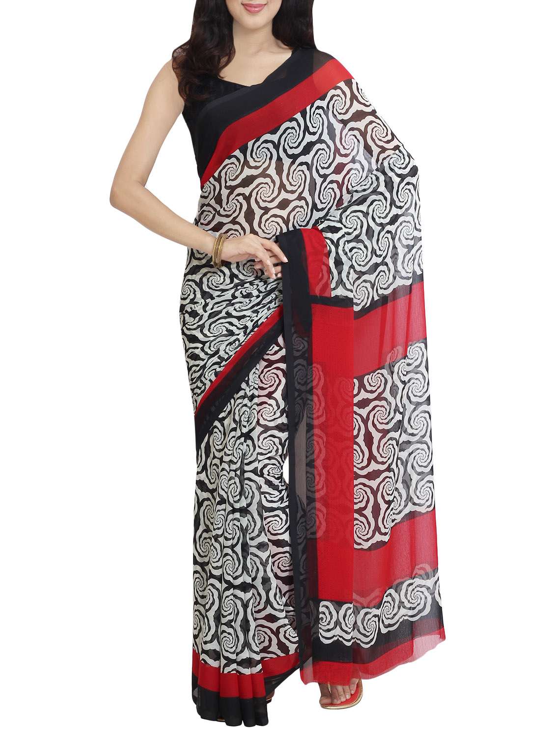 white chiffon printed saree with blouse