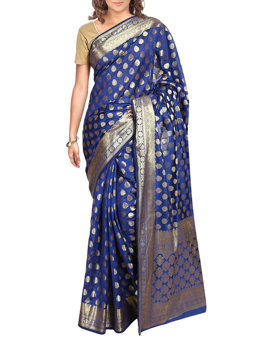 blue silk blend banarasi saree with blouse