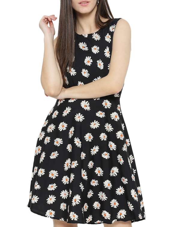 black polyester fit & flare dress