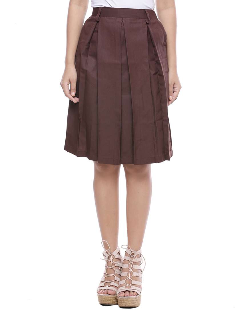 brown cotton box pleat skirt