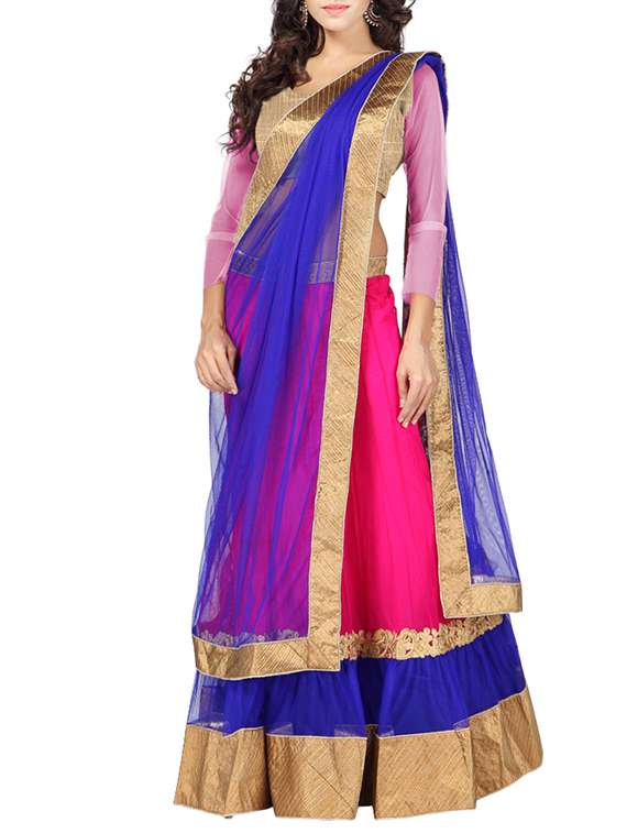 pink net panelled unstitched lehenga