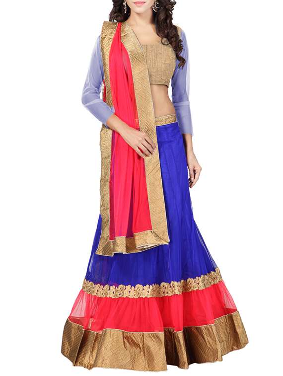 blue net panelled unstitched lehenga