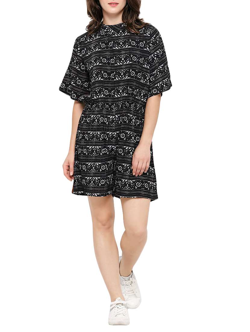 black printed rayon romper