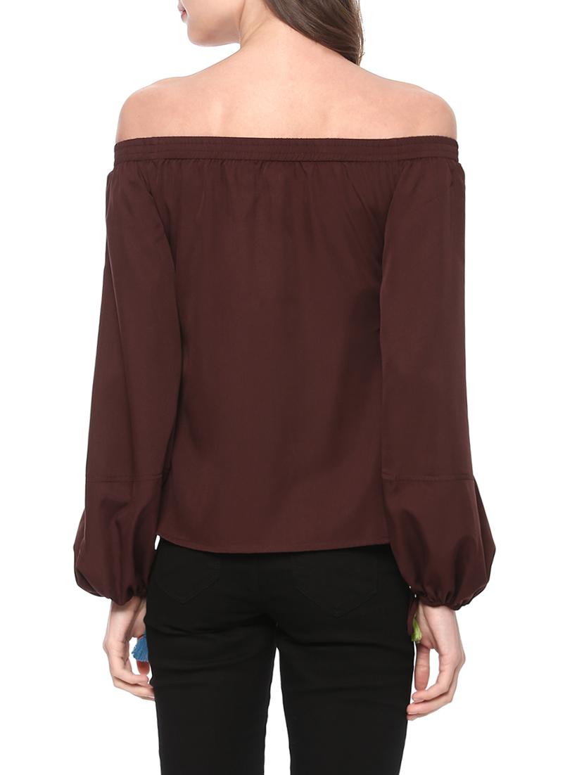 tassel tie-up smocked bardot top - 14191101 - Standard Image - 2