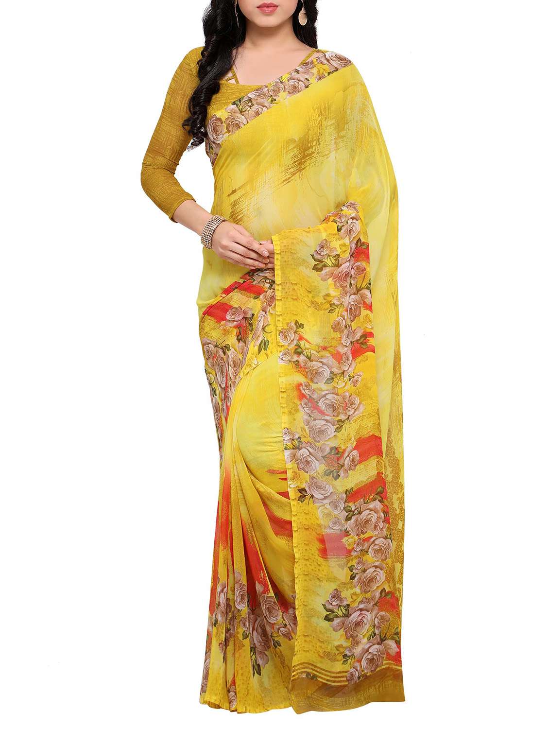 floral printed yellow saree with blouse
