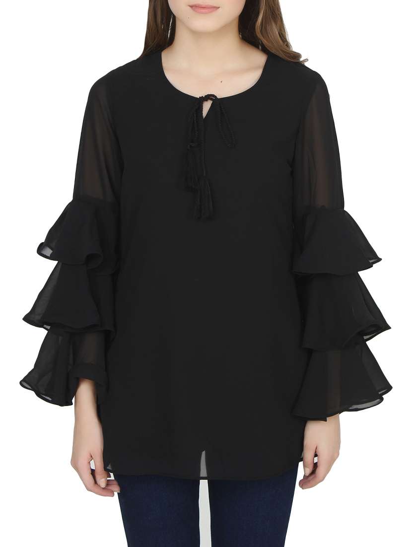 black poly georgette ruffle top