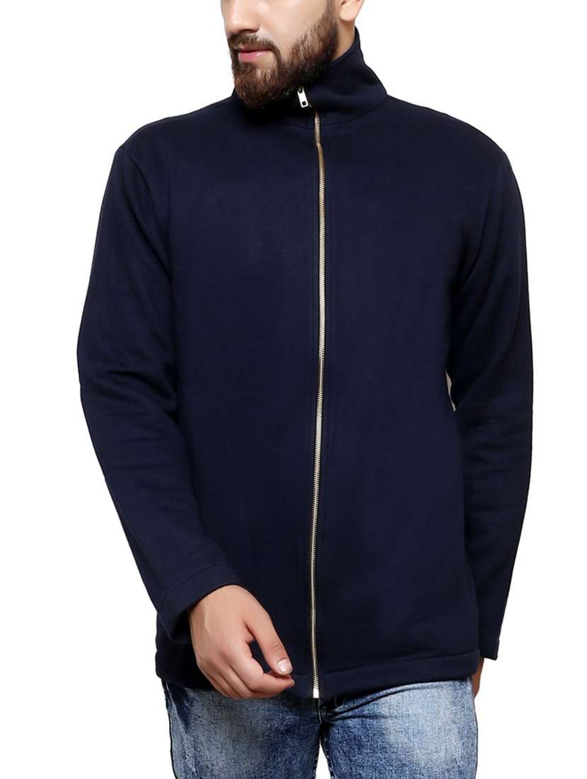 navy blue solid fleece casual jacket