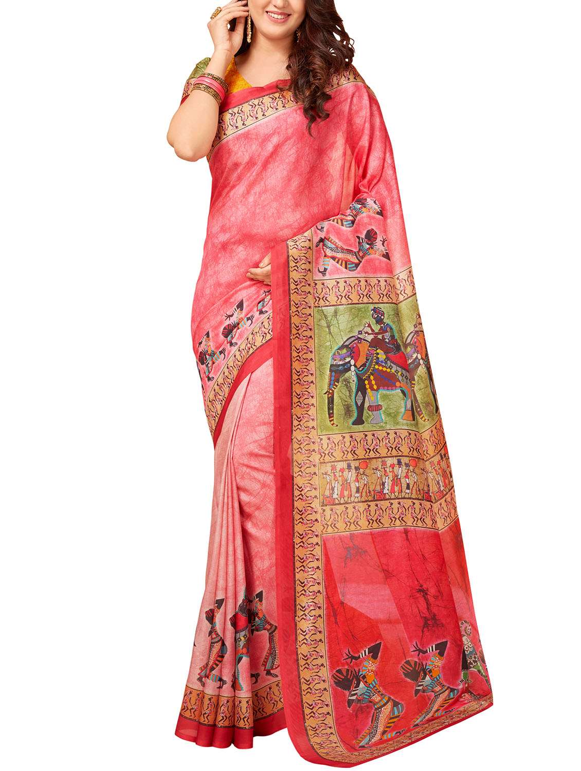 pink printed saree with blouse