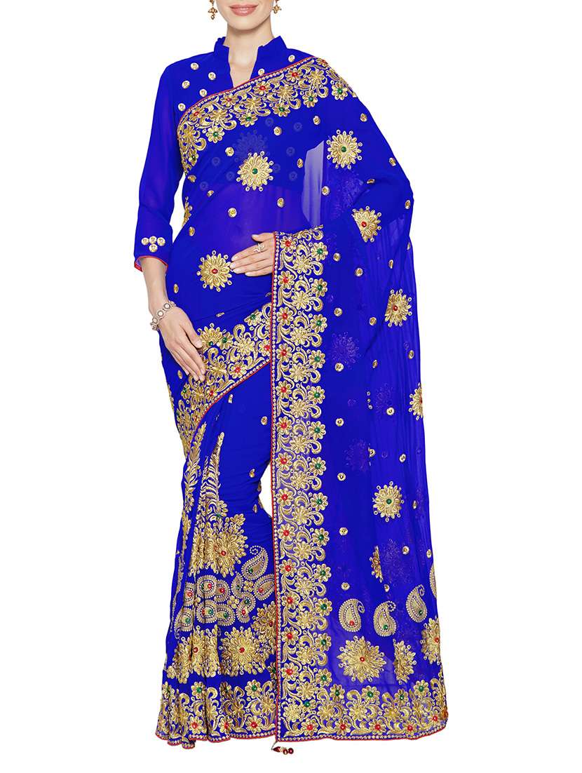 blue embroidered georgette saree with blouse
