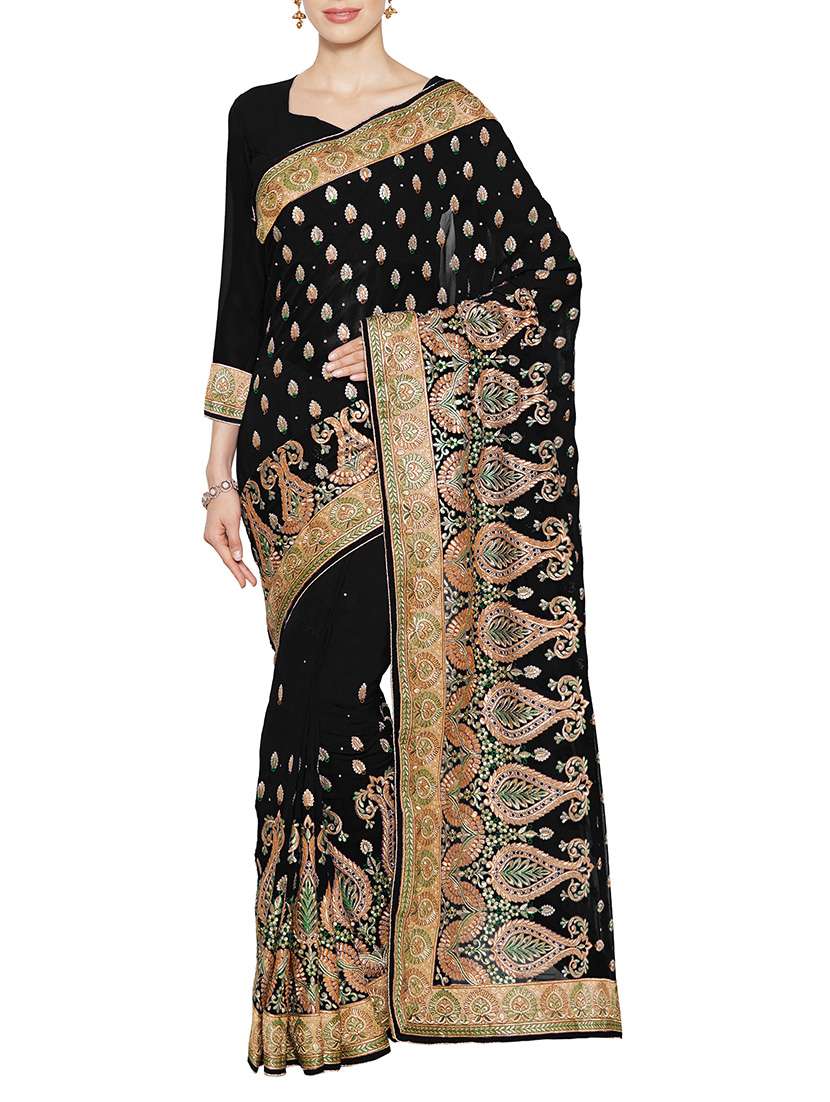 black georgette embroidered saree with blouse