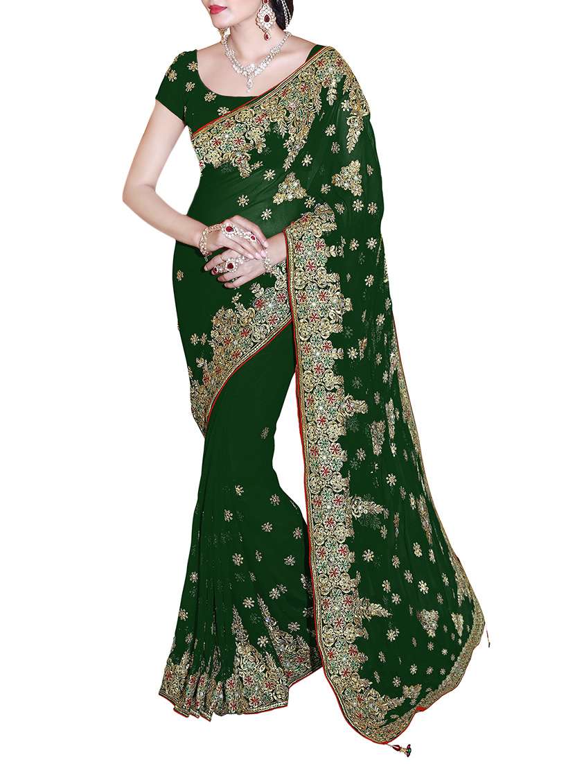 green georgette embroidered saree with blouse