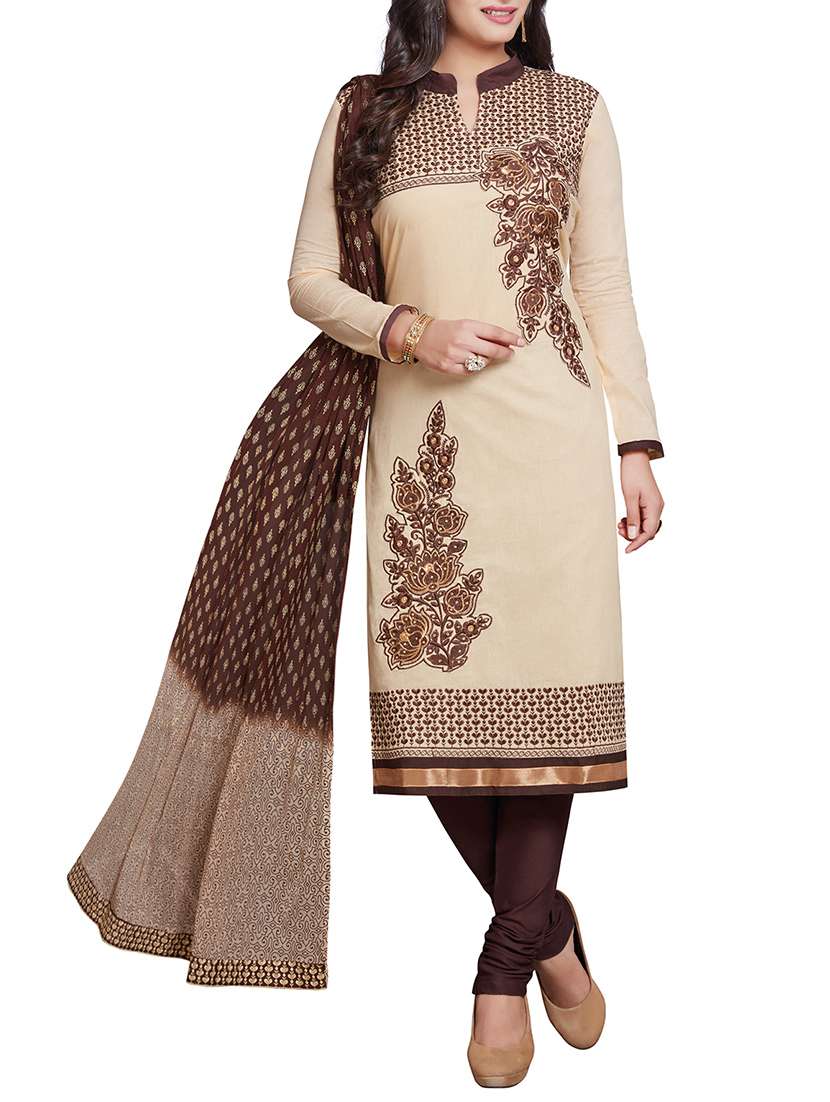 beige embroidered unstitched churidaar suit