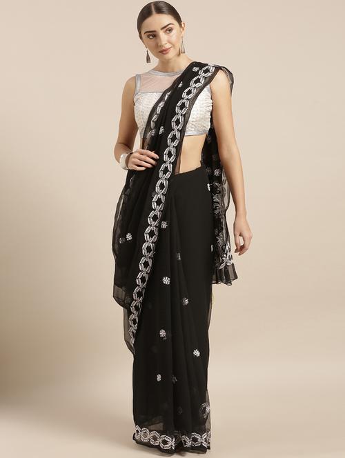 black georgette saree with chikankari work with blouse - 14240337 - Standard Image - 0