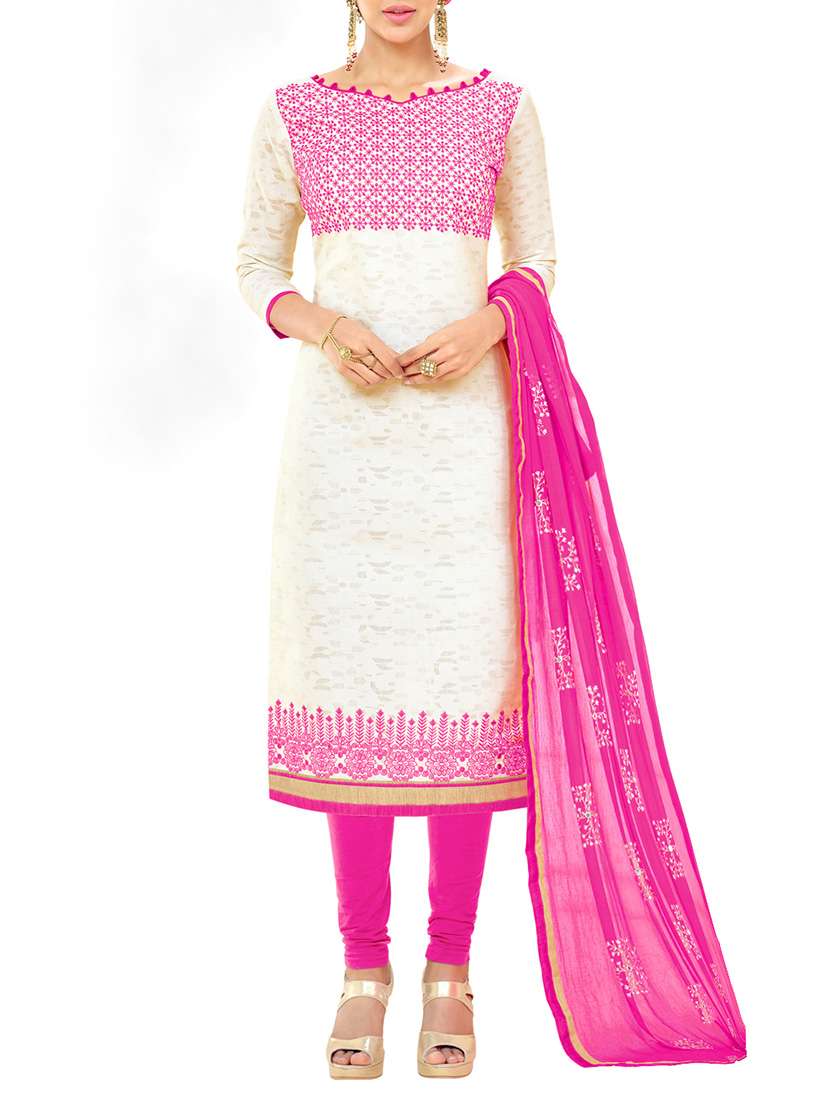 white poly cotton embroidered un-stitched dress material