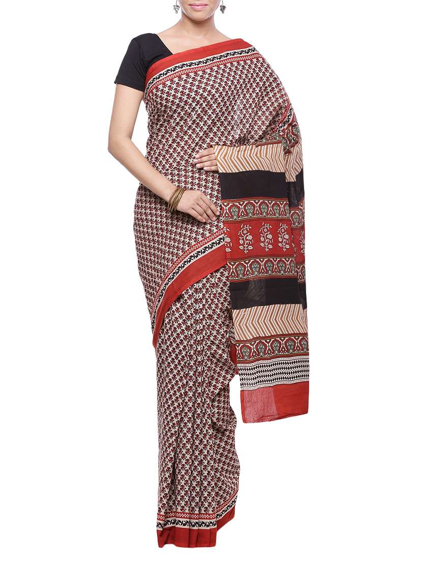 women's printed beige colored saree with blouse
