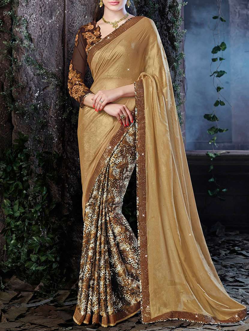 brown georgette half and half saree with blouse