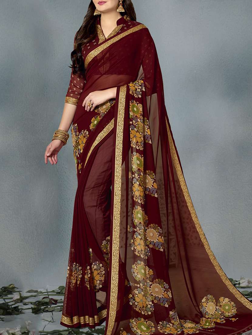 brown georgette printed saree with blouse