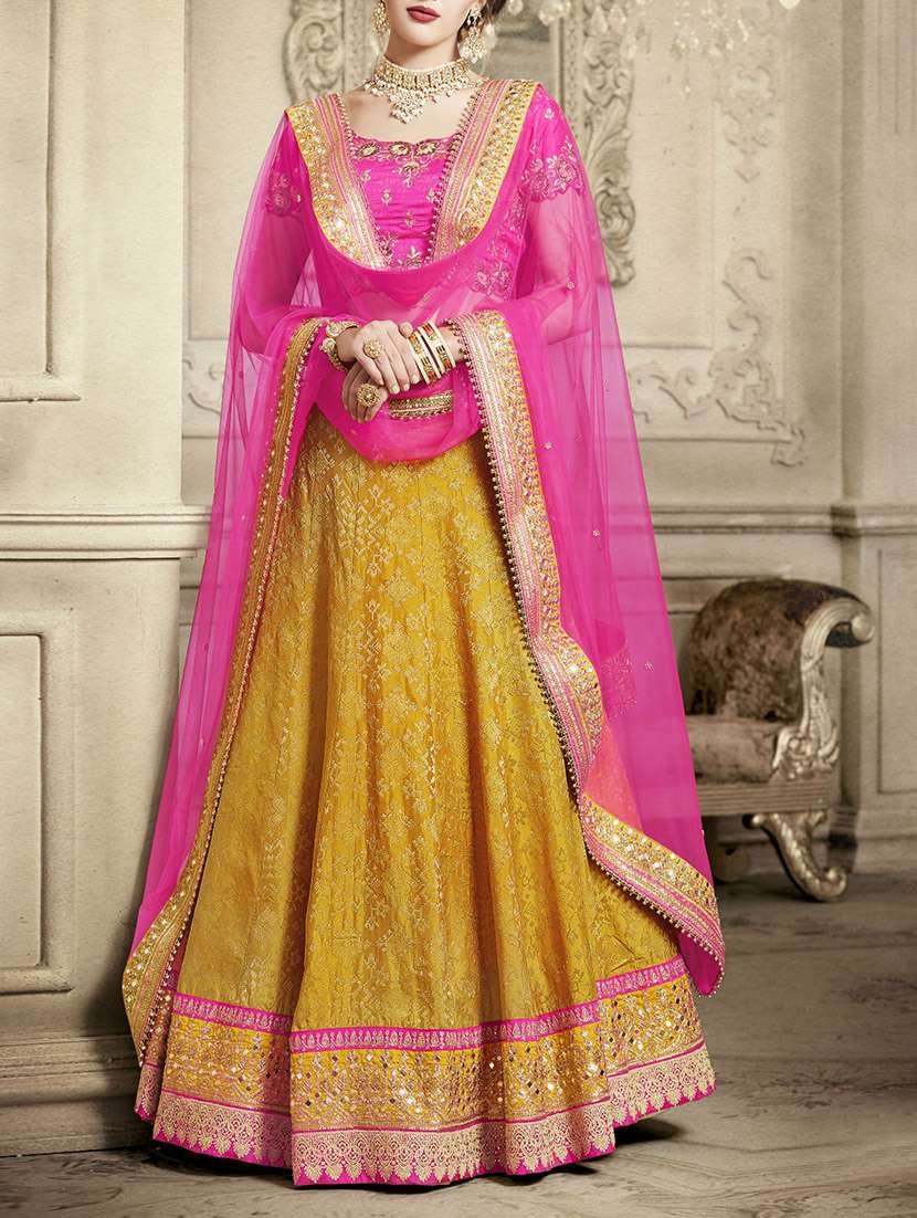 mustard silk panelled lehenga