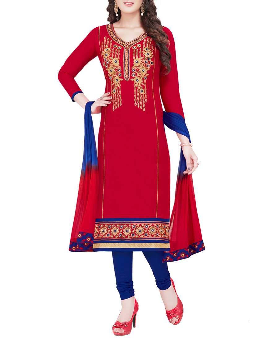 red embroidered unstitched churidaar suit