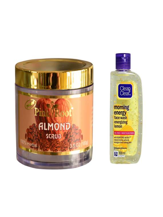 pink root almond scrub with clean & clear morning energy face wash 