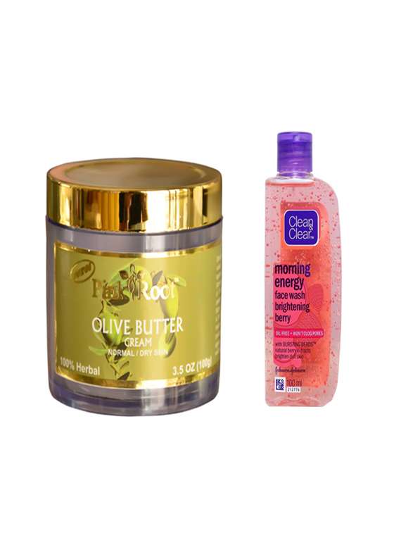 pink root olive butter cream with clean & clear morning energy face wash brightening berry