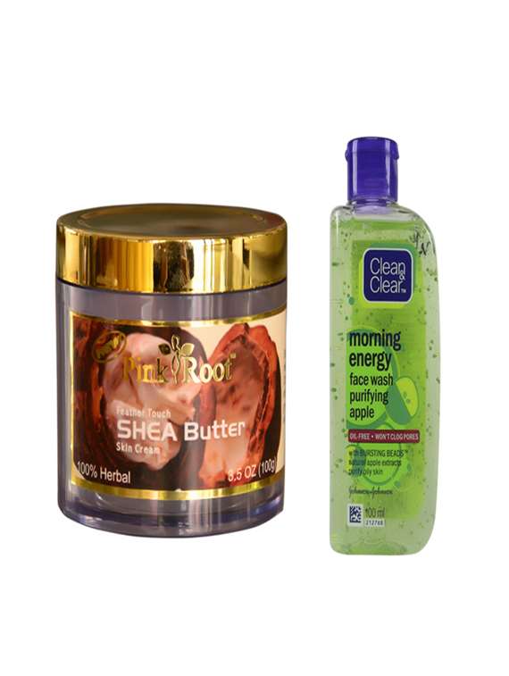 pink root feather touch shea butter cream with clean & clear morning energy face wash purifying apple 