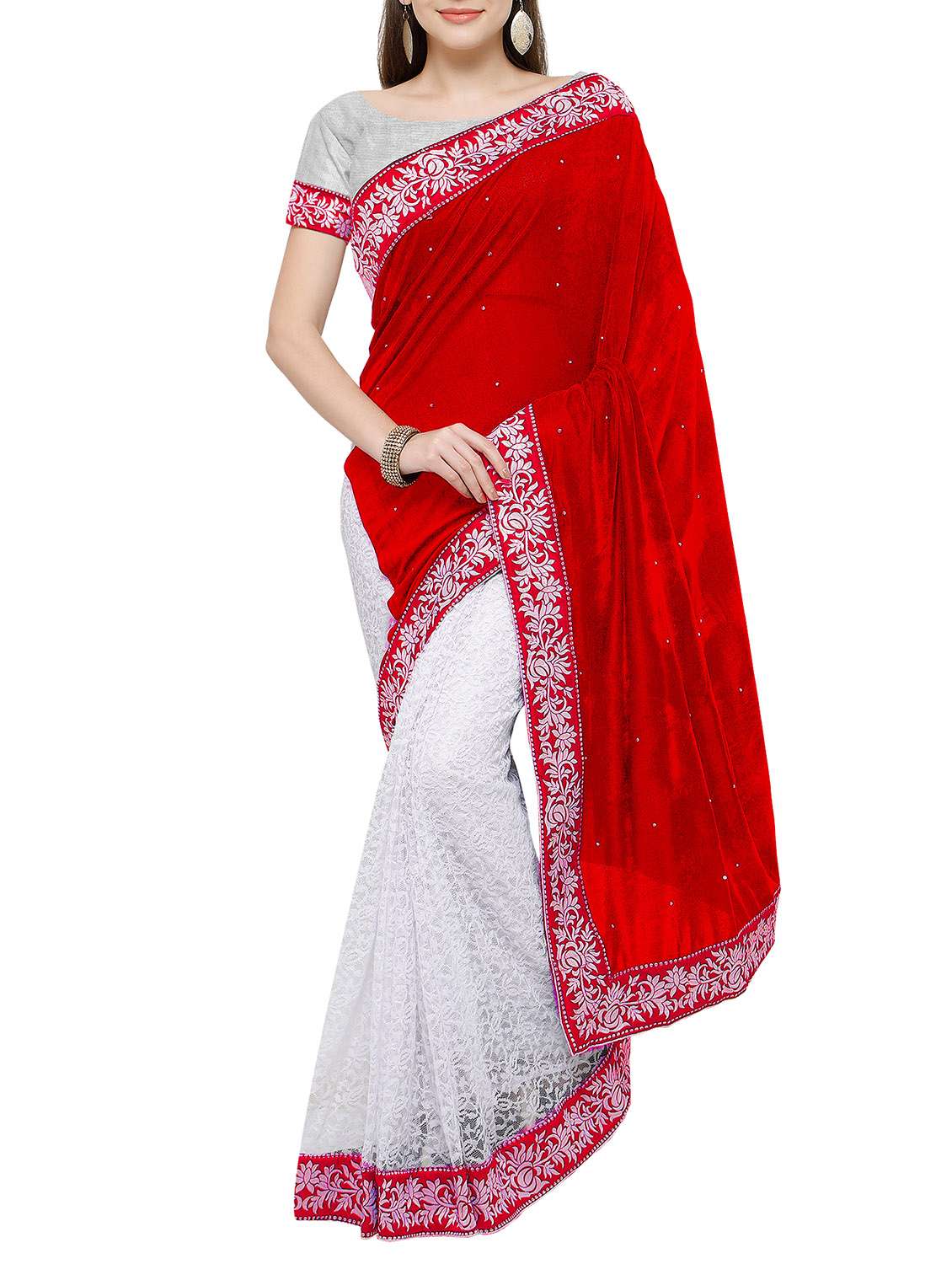 red velvet & lace half & half saree with blouse