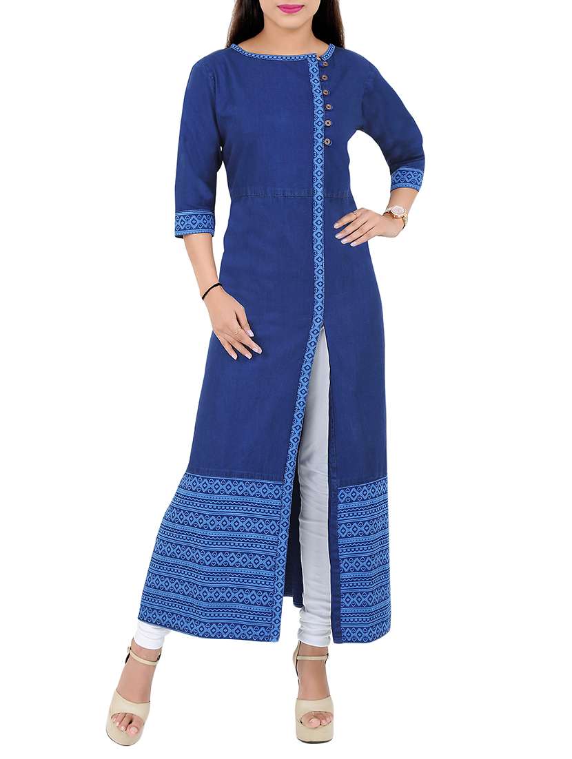 blue denim high slit kurta
